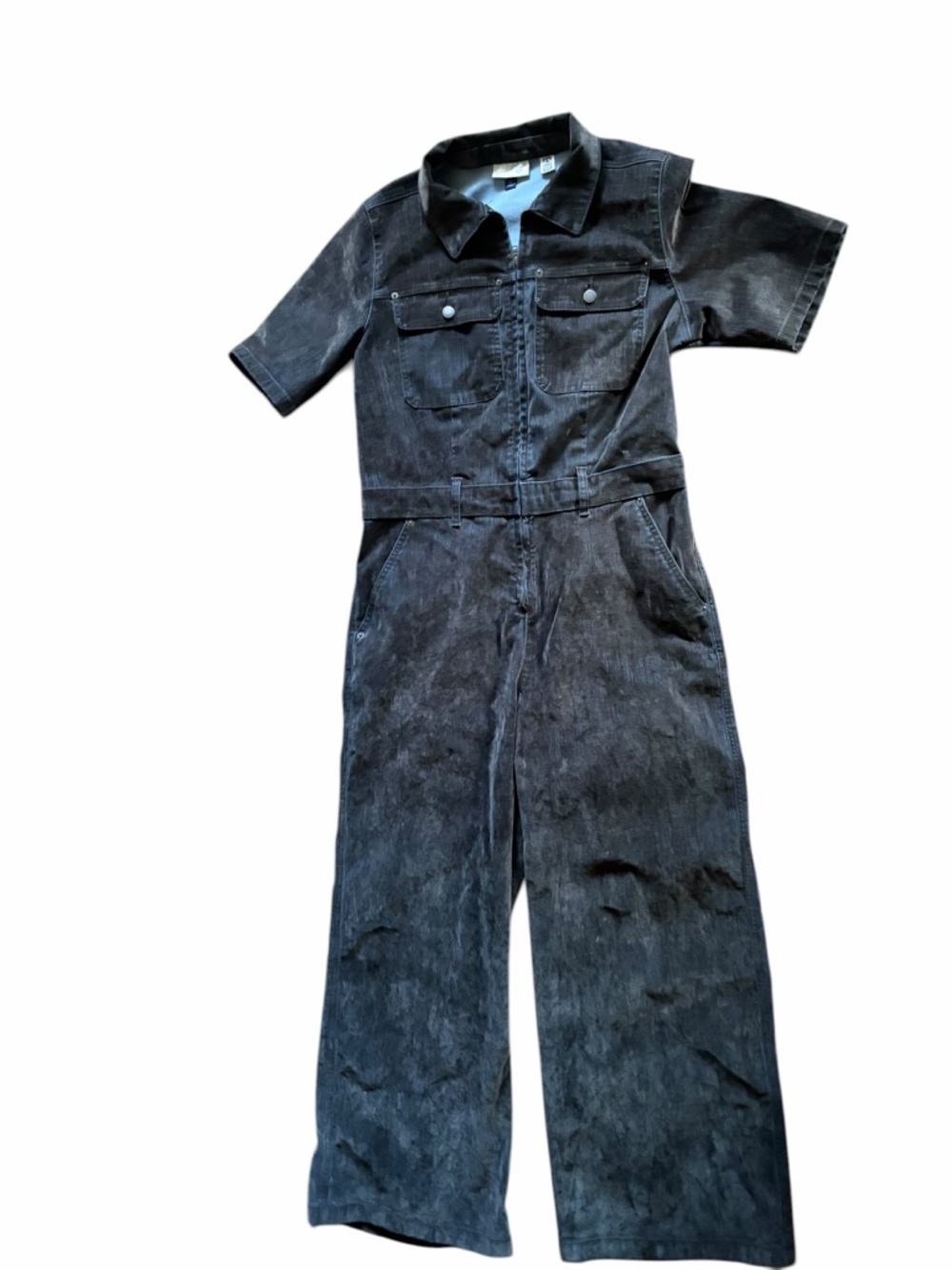 Short-Sleeve Gray Velvet Jean Jumpsuit - Picture 14 of 16